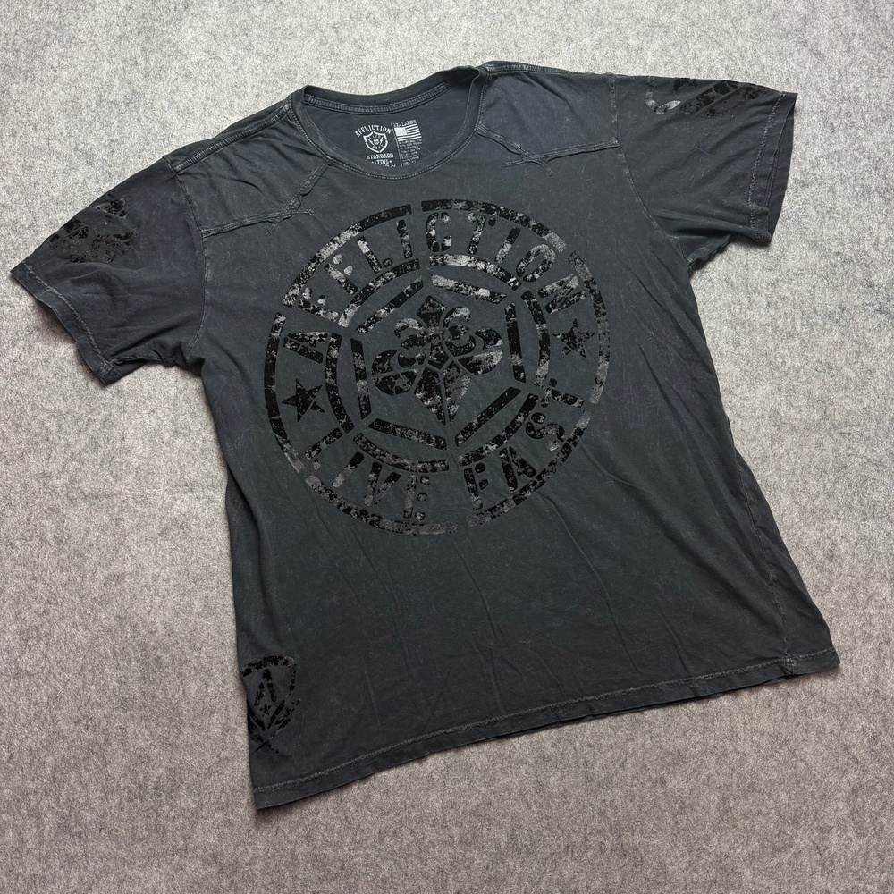 Affliction Shirt Mens 2XL Black Live Fast Crest Fleur De Lis Graphic Tee Biker